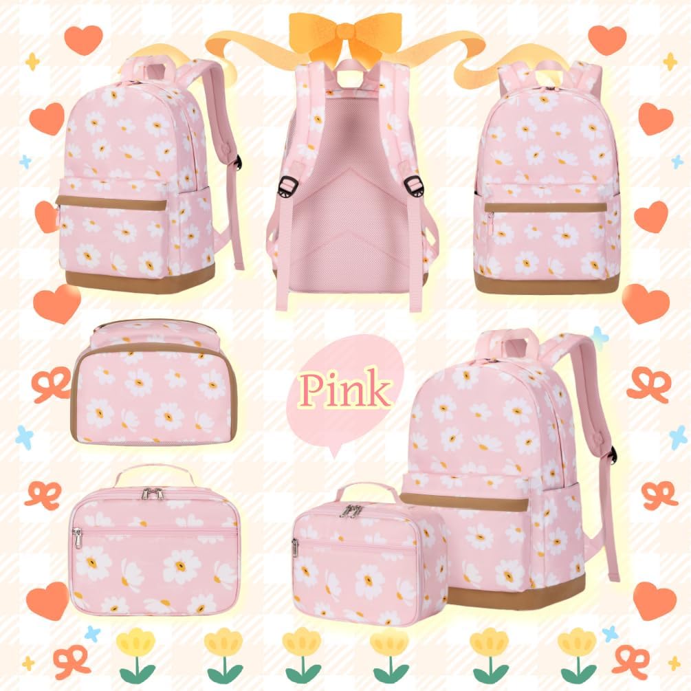 3Pcs Daisy Prints Backpack for Girls Bookbag set Primary School Daypack Elementary Students Knapsack with Lunch Box