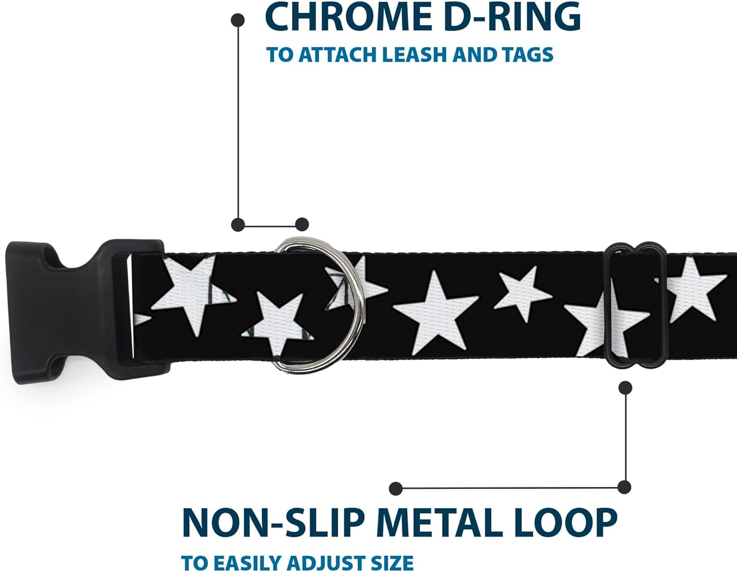 Buckle-Down PC-W21909-M Dog Collar Plastic Clip Buckle, 1"x11"-17", Star Black/White