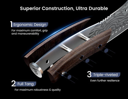 SYOKAMI Meat Cleaver Chef Knife, 7.7 Inch Multifunction Butcher Knife with Herb Stripper and Sheath, Chinese Cleaver Heavy Duty Bone Chopper, Meat Cutting, Damascus Pattern Full Tang Wood Handle