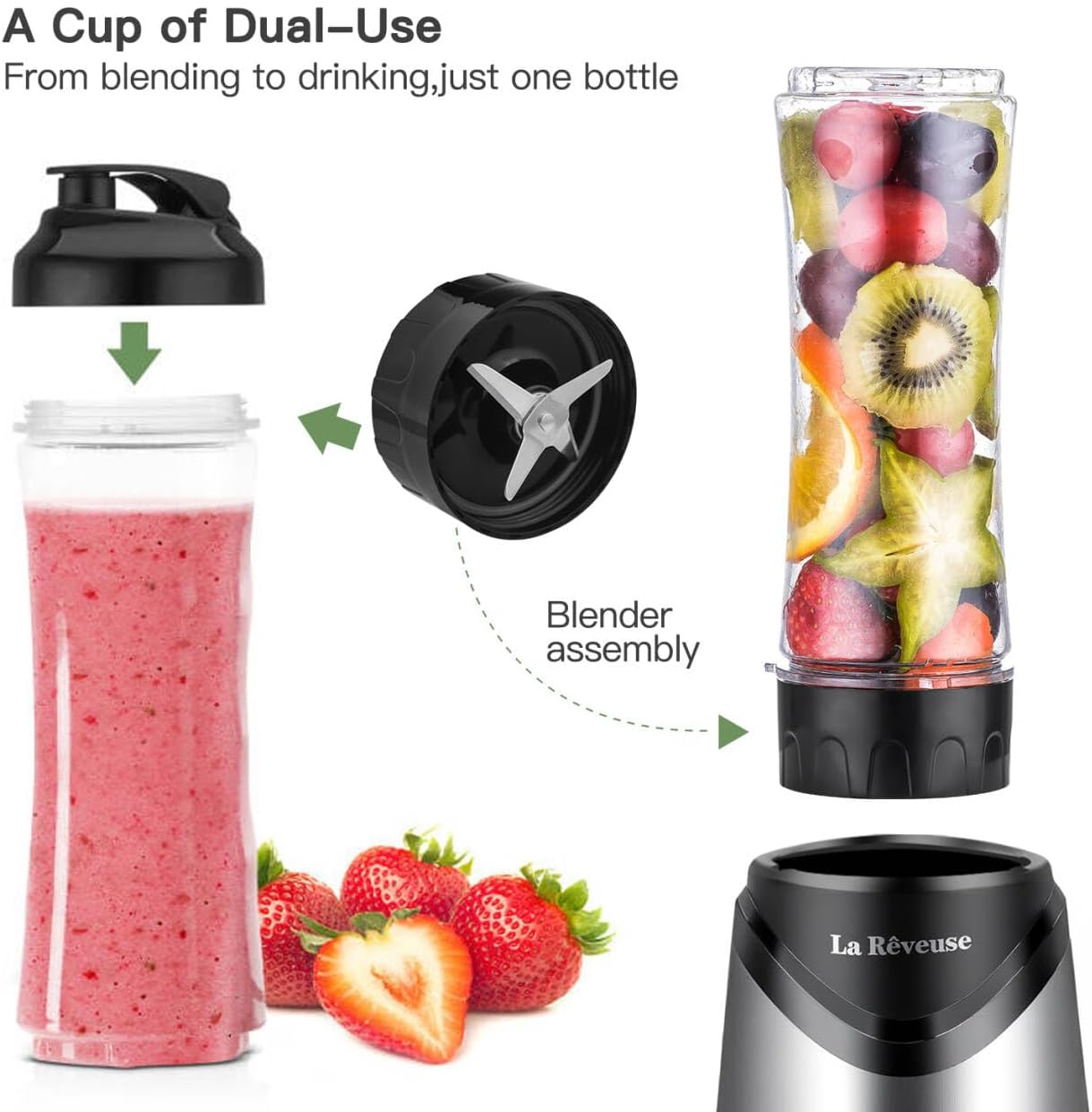 La Reveuse Smoothie Blender Personal Size 300 Watts with 2 Pieces 18 oz BPA-Free Travel Sports Bottles,Grey