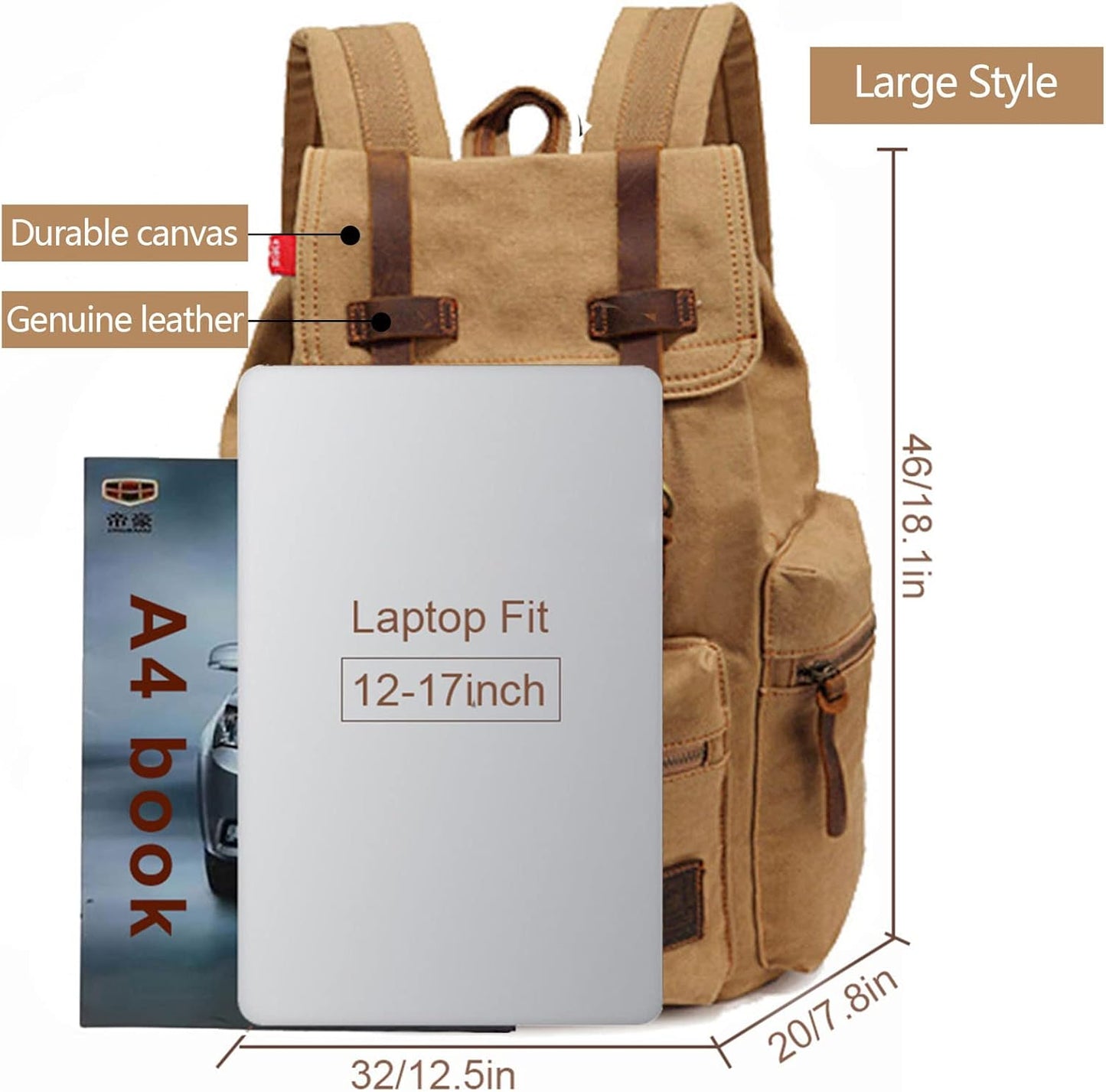 AUGUR Canvas Backpack,17 inch Laptop Backpack Vintage Canvas Leather Backpacks Casual School College Bag Pack Bookbag Hiking Travel Rucksack Daypack (L-Coffee)