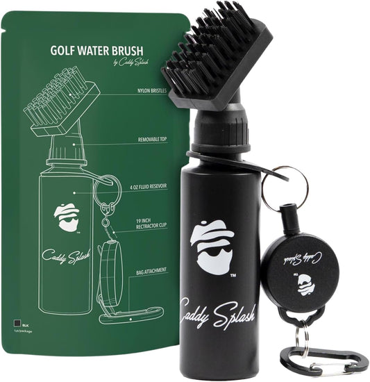 Caddy Splash Golf Water Brush – Retractable Nylon-Bristle Club Cleaner with Anti-Leak Reservoir, Squeeze Bottle Design, 18" Retractor Clip, Wide Cleaning Coverage, Lightweight & Portable – 7.5" Holds 4 oz – Black