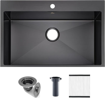 Yutong 16" x 20" Top-Mount/Drop in SS304 Stainless Steel Kitchen Black Sink Single Bowl Without Grid