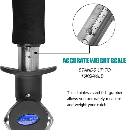 Fish Lip Gripper With Scales - Portable Stainless Steel Holder and Grabber Tool - 40 Pound Capacity With Weight Scale, Ruler and Lanyard