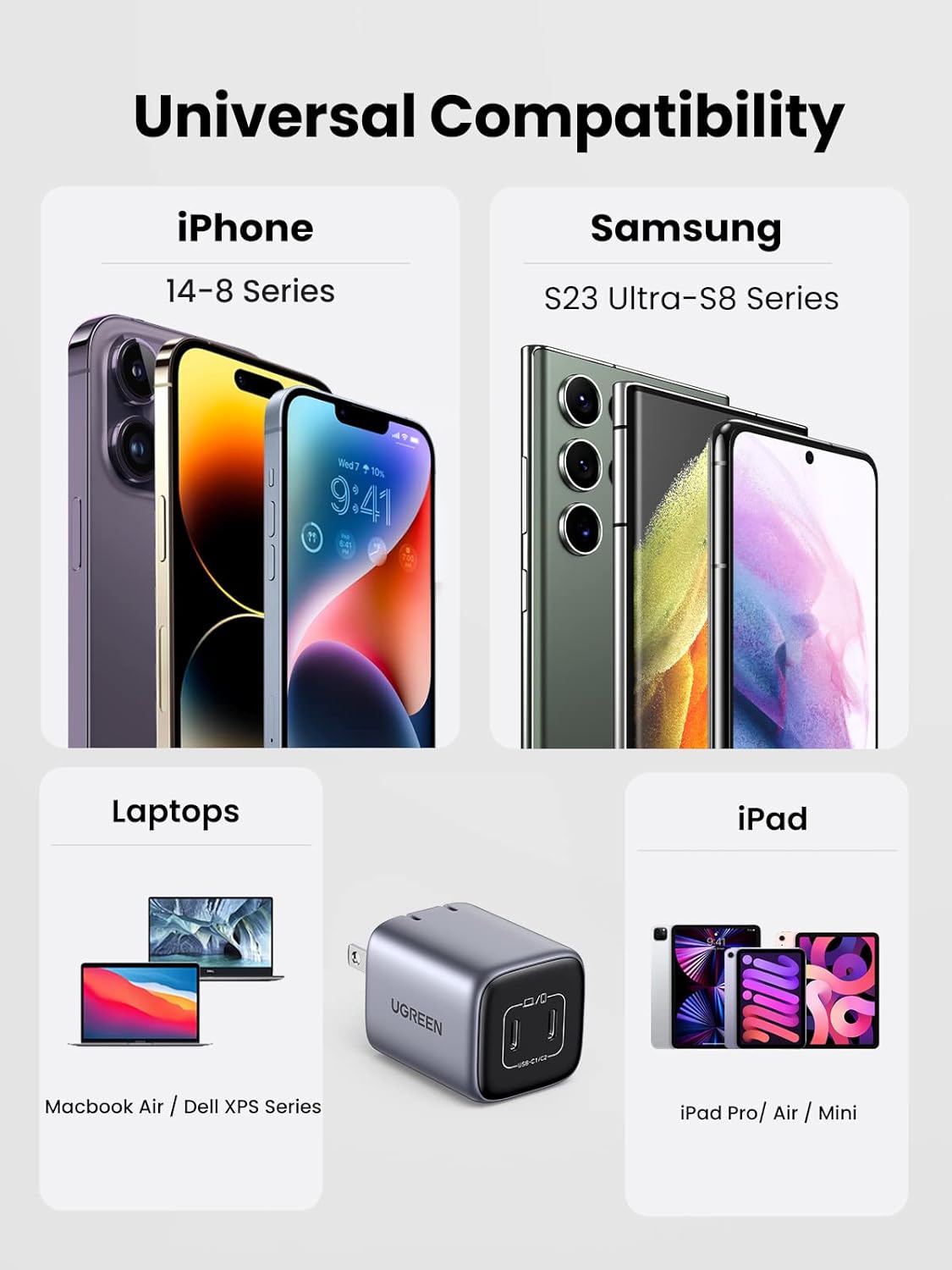 UGREEN Nexode 45W USB C Charger Block, GaN PPS Dual Port USB C Fast Charger Super Fast Charge 2.0 Wall Plug Compatible with Galaxy S25 S24 Ultra S23 A54, iPad, iPhone16, Pixel 9, Black