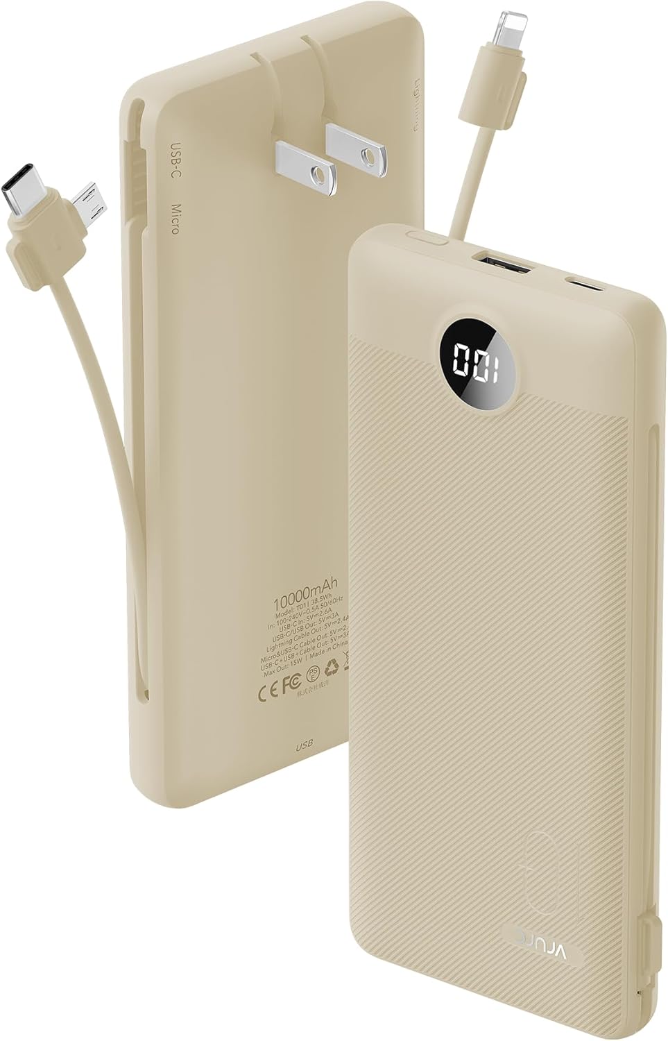 Portable Charger for iPhone, 10000mAh Power Bank with Built-in Cables & AC Wall Plug, USB C Phone Charger 5 Output External Battery Pack Compatible with iPhone Samsung Google Pixel Android -White