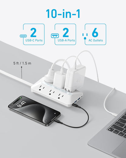 Anker Flat Plug Power Strip 300J with USB Ports, 10-in-1 Ultra Thin Power Strip with 6 AC, 2 USB-A and 2 USB-C Ports,5feet Extension Cord, Desk Charging Station,Home Office College Dorm