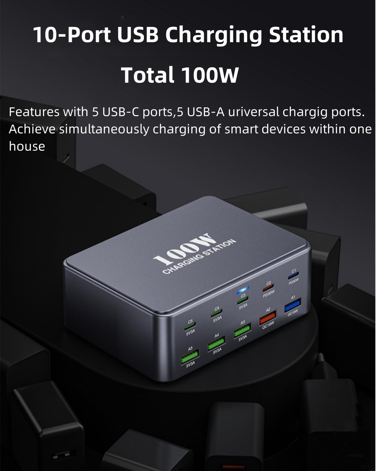 FOSION USB C Charging Station 330W, USB C Charger Charging Hub 10 Power Port for Multiple Devices with PD 100W 65W 30W QC3.0 18W Fast Charging Power Stock Station for iPhone 15, iPad Air/Pro, Galaxy