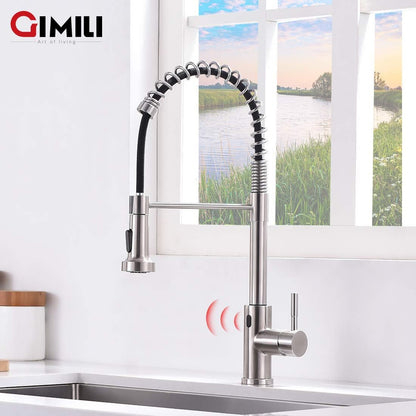 GIMILI Touchless Spring Kitchen Faucet with Pull Down Sprayer, Single Handle Motion Sensor Activated Hands-Free Kitchen Sink Faucet, Single Hole Smart Kitchen Faucet, Solid Brass, Matte Black