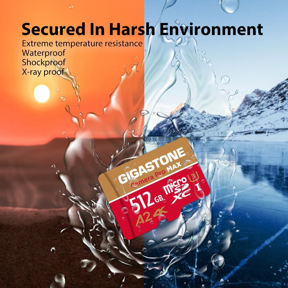 [5-Yrs Free Data Recovery] GIGASTONE 512GB Micro SD Card, 4K Camera Pro, A2 V30 for Smartphone, Gopro, Action Cams, 4K UHD Video Recording, R/W up to 150/120 MB/s, UHS-I U3 C10 Class 10 with Adapter