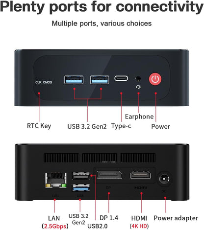 Beelink SER8 Mini PC, AMD Ryzen 7 8845HS(4nm, 8C/16T) up to 5.1GHz, Mini Computer 32GB DDR5 RAM 1TB M.2 NVME SSD, Desktop PC 4K@144Hz Triple Display, Mini Gaming Computer WiFi6/BT5.2/2.5Gbps/W-11 Pro