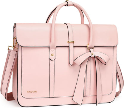 MOSISO Laptop Bag for Women, PU Leather Laptop Shoulder Bag Convertible Backpack, Work Travel Computer Bag with Bowknot - PuriLite