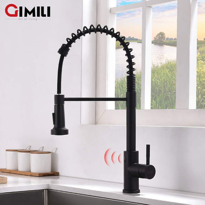GIMILI Touchless Spring Kitchen Faucet with Pull Down Sprayer, Single Handle Motion Sensor Activated Hands-Free Kitchen Sink Faucet, Single Hole Smart Kitchen Faucet, Solid Brass, Matte Black