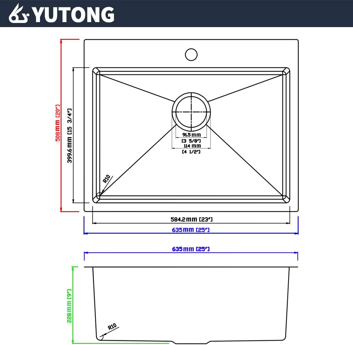 Yutong 16" x 20" Top-Mount/Drop in SS304 Stainless Steel Kitchen Black Sink Single Bowl Without Grid