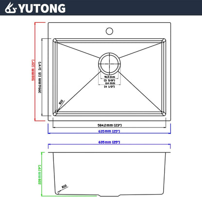 Yutong 16" x 20" Top-Mount/Drop in SS304 Stainless Steel Kitchen Black Sink Single Bowl Without Grid