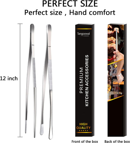 Rivoean 2 Pcs 12-Inch Fine Tweezer Tongs,Extra-Long Stainless Steel Tweezers Tongs