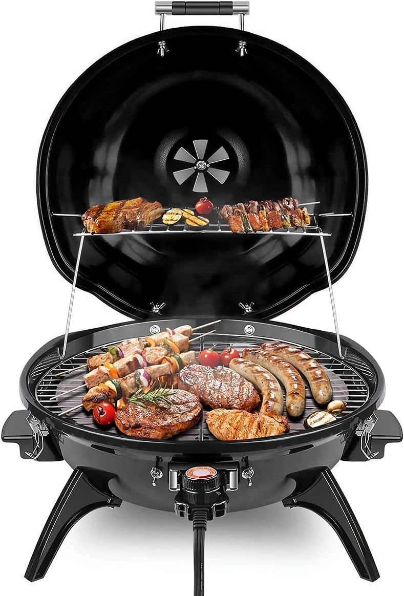 Electric BBQ Grill, Techwood 15-Serving Indoor/Outdoor Electric Grill for Indoor & Outdoor Use, Double Layer Design, Portable Removable Grill, 1600W (Tabletop Grill, Black)