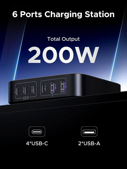 UGREEN Nexode 200W USB C Charger, 6 Ports GaN Desktop PD Fast Charger Compatible for MacBook Pro/Air, iPad Pro/Air, iPad, Dell XPS, Galaxy S22/S21, iPhone 15/14/13, Pixel, Steam Deck and More