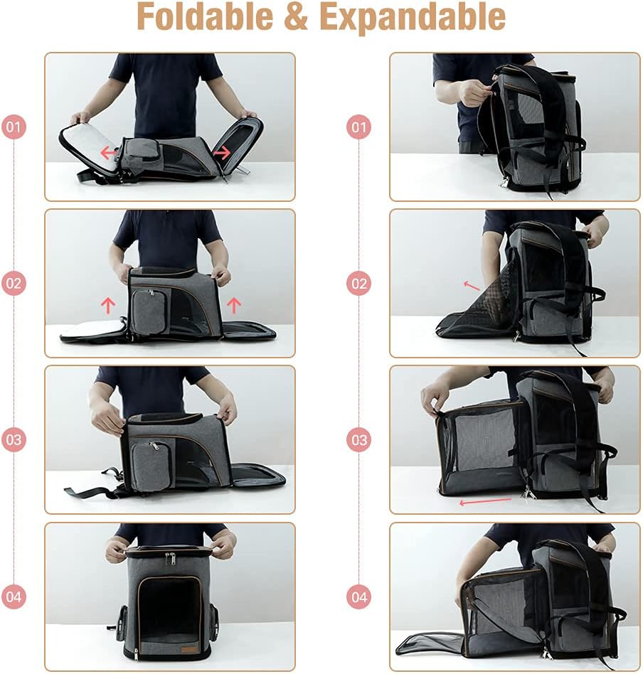 Lekesky Cat Backpack Expandable Dog Carrier Backpack Airline Approved Pet Backpack Carrier for Cats, Small Dogs, Puppies Under 13 Lbs, Grey