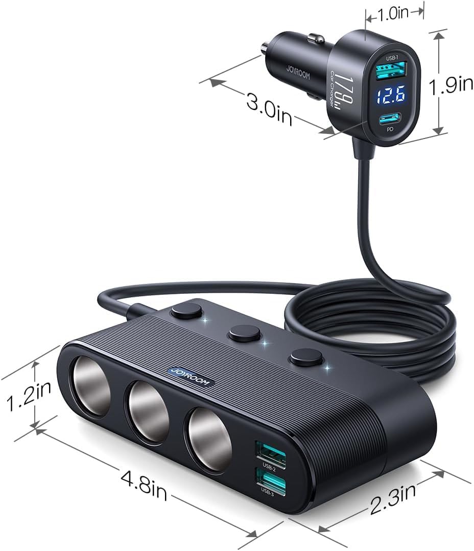 [Upgraded 179W] 7 in 1 Cigarette Lighter Adapter, JOYROOM Car Charger Adapter with PD30W Charge(3.3FT Cable), 24V/ 12V Cigarette Lighter Splitter with Independent Switches & LED Voltage Display