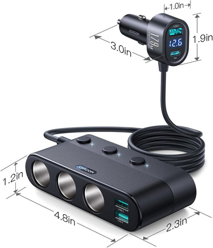 [Upgraded 179W] 7 in 1 Cigarette Lighter Adapter, JOYROOM Car Charger Adapter with PD30W Charge(3.3FT Cable), 24V/ 12V Cigarette Lighter Splitter with Independent Switches & LED Voltage Display
