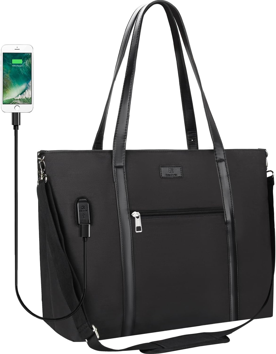 Laptop Bag for Women 17.3 Inch Laptop Tote Bag Large Work Tote Bag Waterproof Work Bag Teacher Bag with USB Charging Port Computer Tote Bag Nylon Handbag Satchel Shoulder Bag(17.3 inch, Black) - PuriLite
