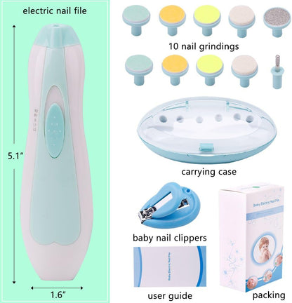 Baby Nail File Electric Nail Trimmer Manicure Set with Nail Clippers, Toes Fingernails Care Trim Polish Grooming Kit Safe for Infant Toddler Kids or Women, LED Light and 10 Grinding Heads (White/Teal)