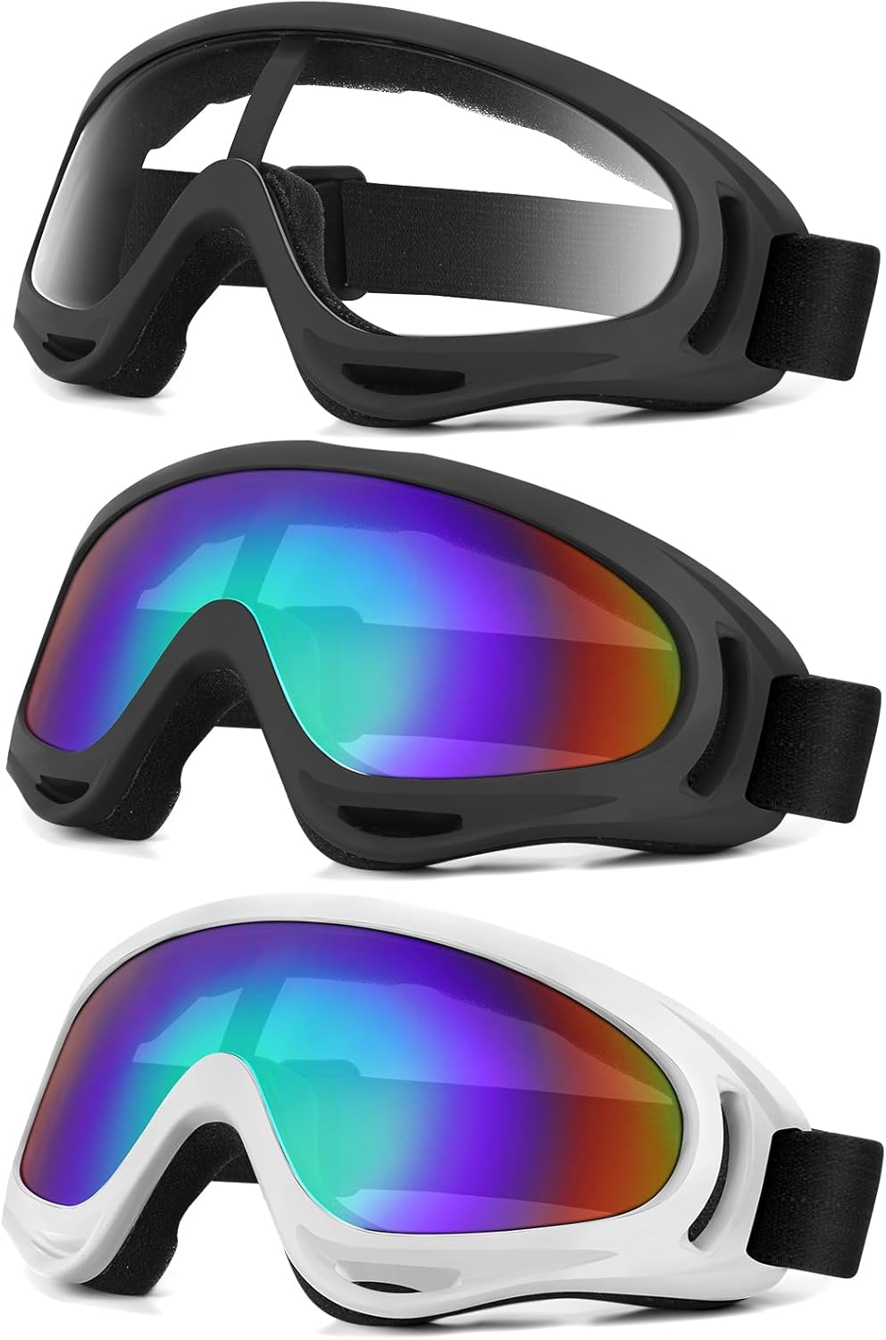 MUJG Motorcycle Goggles Motorcycle Riding Glasses 3 Pair Dirt Bike ATV Ski Motocross Riding Padding Goggles UV Protection Dustproof Windproof for for Men Women Kids,（Clear+Black+White）