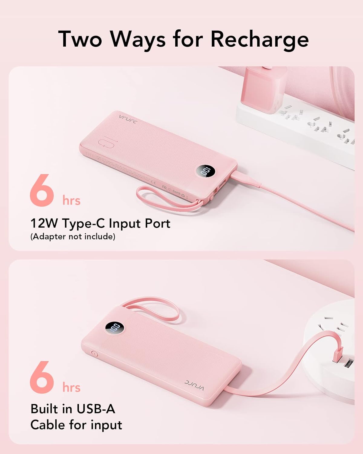 VRURC 10000mAh Power Bank Built-in Cables, Portable Charger with LED Display, Slim Intelligent Travel Battery Pack with Cords, 5 Output Dual Input Phone Charger for Cell Phone Smart Devcies-Blue
