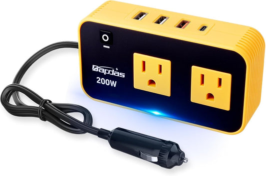 Bapdas 200W Car Power Inverter, DC 12V to 110V Car Charɡer Adapter with 20W USB-C/QC(18W)/4.8A Dual USB/Dual AC Outlet, Car Outlet Adapter Plug for Laptop