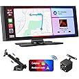 10.26 Inch Wireless Apple Carplay Screen for Car, Apple Car Play and Android Auto Screen with 4K Dash Cam Front and Rear Camera HD 1080P/FM/AUX/64G TF/Mirror Link/Voice Control/GPS Navigation