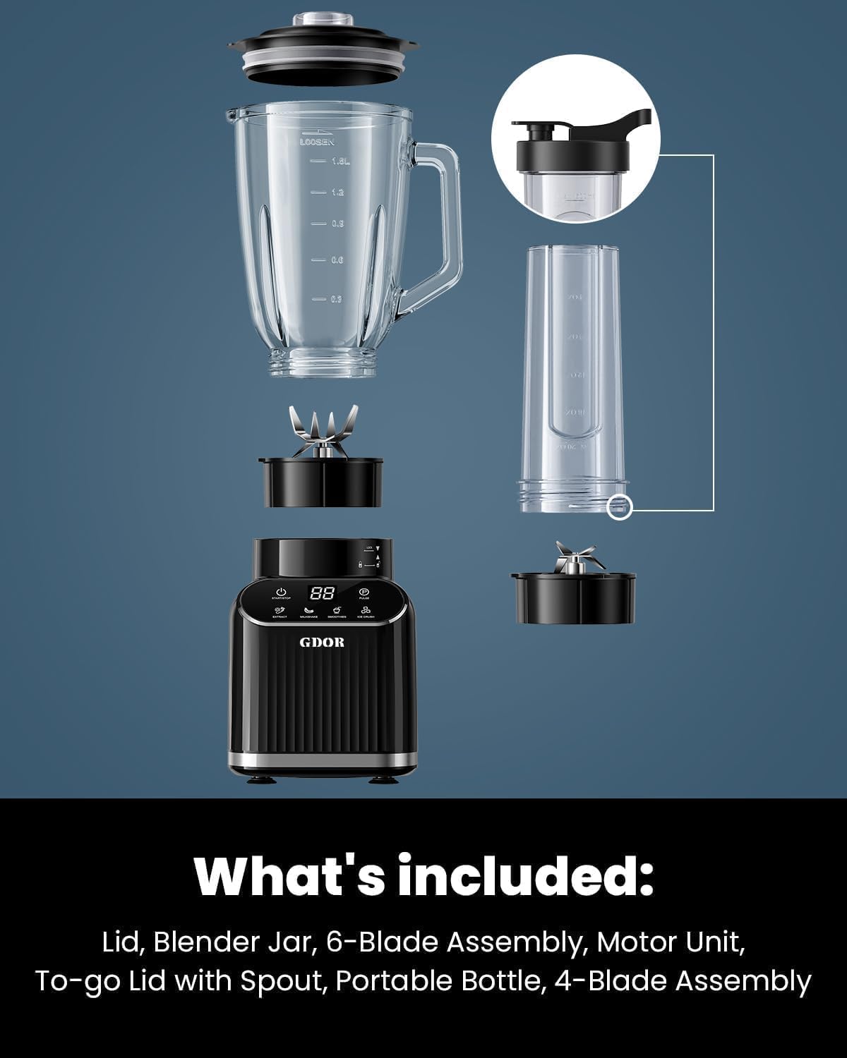GDOR Blender 1200W, 5 Programs Smoothie Blender with Glass Jar & To-Go Cup