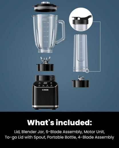 GDOR Blender 1200W, 5 Programs Smoothie Blender with Glass Jar & To-Go Cup