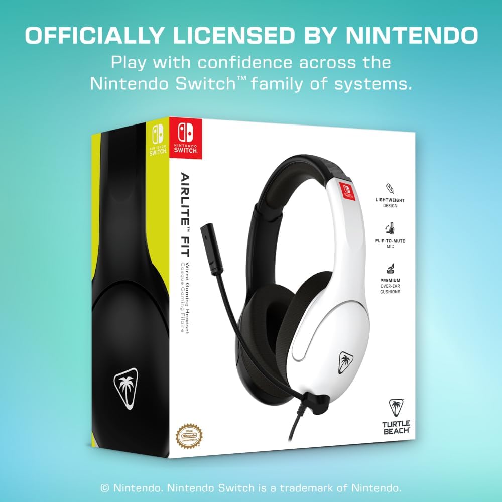 Turtle Beac Airlite Fit Officially licensed Nintendo Wired Gaming Headset for Nintendo Switch – White & Black