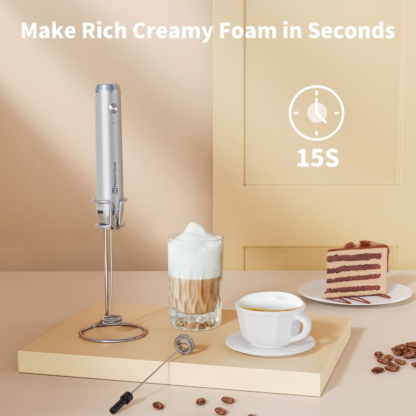 Maestri House Rechargeable Milk Frother, Handheld Electric Foam Maker Waterproof Detachable Stainless Steel Whisk Drink Mixer Foamer with Stand,LunaFro
