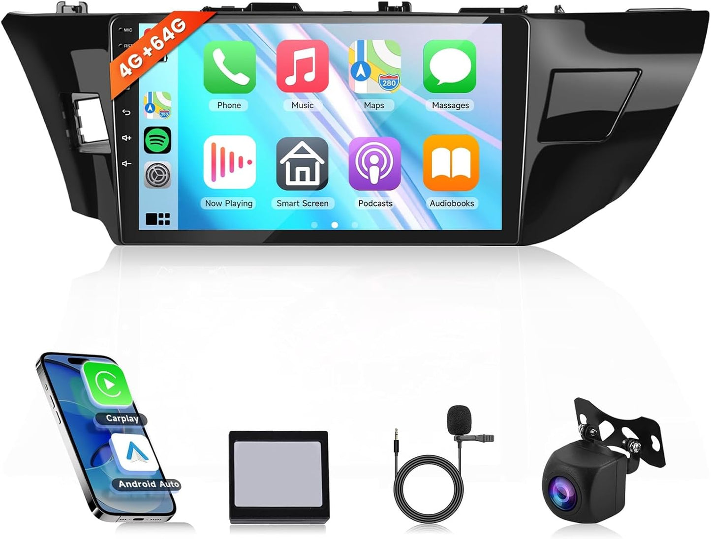 4+64G Android Car Radio Stereo for Toyota Corolla/Levin 2014-2017 with Wireless Carplay Android Auto, 10'' Touch Screen with Bluetooth GPS Navigation Mirror Link WiFi FM/RDS DSP AHD Backup Camera SWC