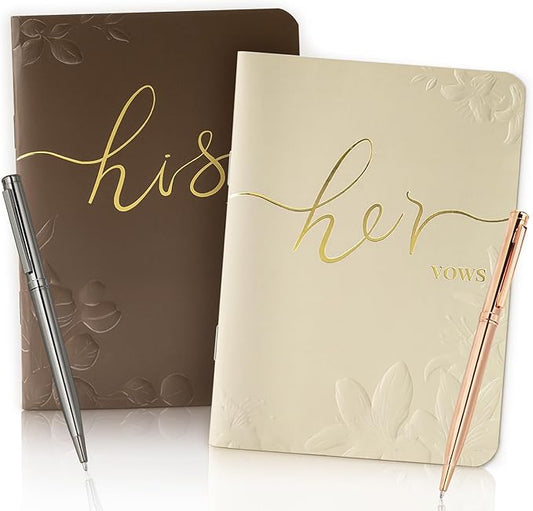 WEMATE Vow Books His and Hers,Wedding Vow Book with Gold Foil and 2 Pens, Wedding Essentials, Beautiful Wedding Present Stuff - Brown and Apricot