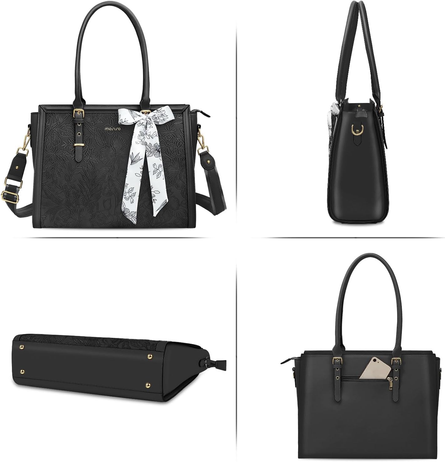 MOSISO Laptop Bag for Women, 17-17.3 inch PU Leathe Tote Bag Compatible with MacBook, HP, Dell, Asus Notebook, Front Embossed Retro Hibiscus Computer Bag with Silk Scarf&Clutch Purse, Gray - PuriLite