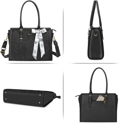 MOSISO Laptop Bag for Women, 17-17.3 inch PU Leathe Tote Bag Compatible with MacBook, HP, Dell, Asus Notebook, Front Embossed Retro Hibiscus Computer Bag with Silk Scarf&Clutch Purse, Gray - PuriLite