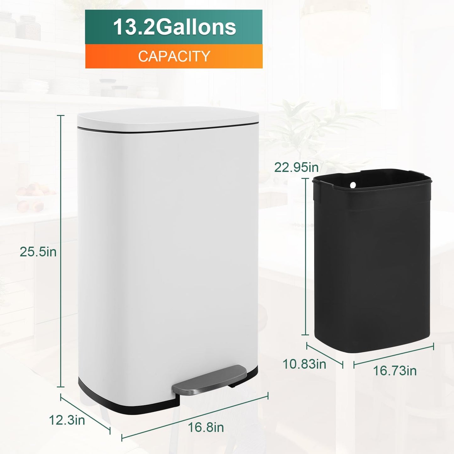 13 Gallon/50 L Garbage Can Kitchen Trash Can with Lid for Office Bedroom Bathroom Step Trash Bin Fingerprint-Proof Brushed Stainless Steel