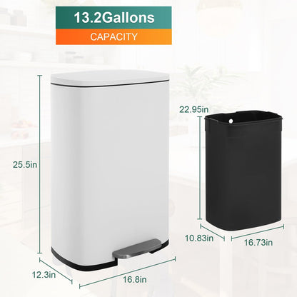 13 Gallon/50 L Garbage Can Kitchen Trash Can with Lid for Office Bedroom Bathroom Step Trash Bin Fingerprint-Proof Brushed Stainless Steel
