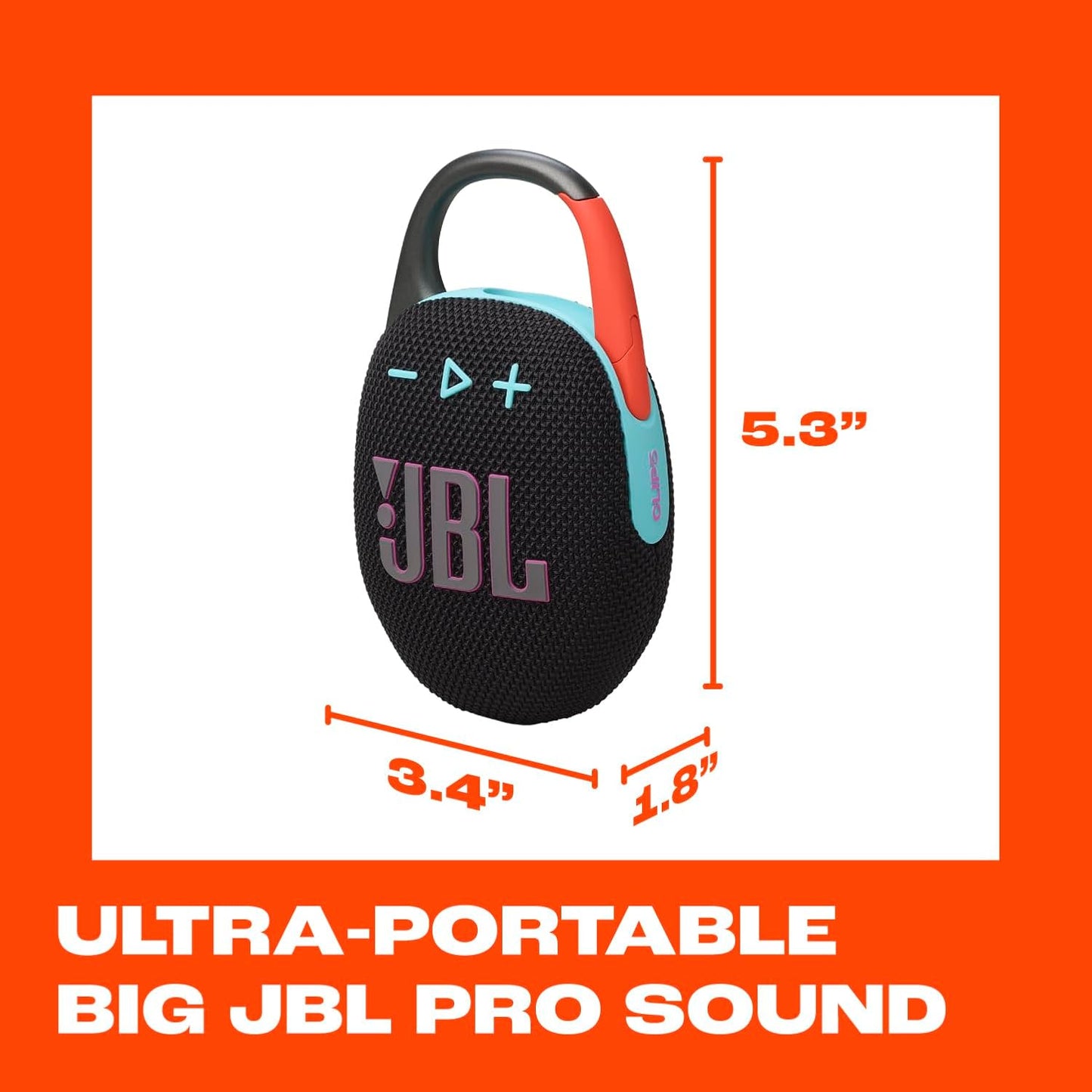 JBL Clip 5 - Ultra-Portable, Waterproof & Dustproof Bluetooth Speaker, Big Pro Sound with Punchy bass, Integrated Carabiner, Up to 12 Hours of Play, Recycled Materials (Black & Orange)