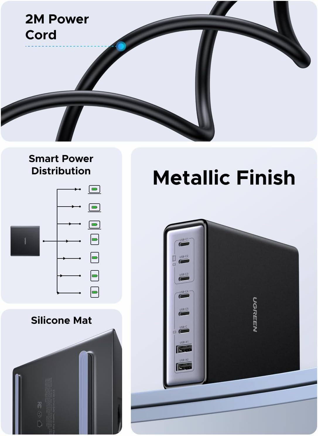 UGREEN 200W 8-Port GaN USB C Charger Block, Desktop Charging Station USB C and USB PD 100W Fast Charging Compatible for MacBook Pro 16" Air, XPS 13, iPad Pro, iPhone 16 Pro, Galaxy S25