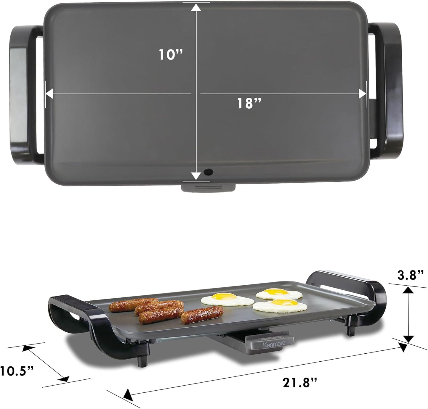 Kenmore Electric Griddle - External Temperature Control, Easy Clean Countertop Cooking Kitchen Appliance Removable Drip Tray, Grill Bacon, Eggs, Pancakes, Crepes, Tortillas, Nonstick 10x18" Pan