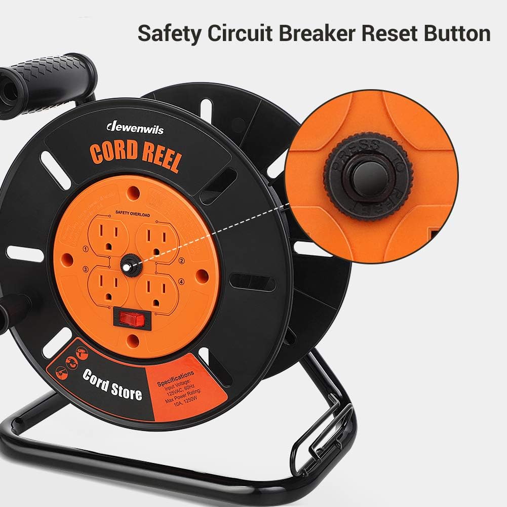 DEWENWILS Extension Cord Storage Reel with 4-Grounded Outlets, Heavy Duty Open Cord Reel for 12/3,14/3,16/3 Gauge Power Cord, Hand Wind Retractable, 10A Circuit Breaker, Rocker Power Switch