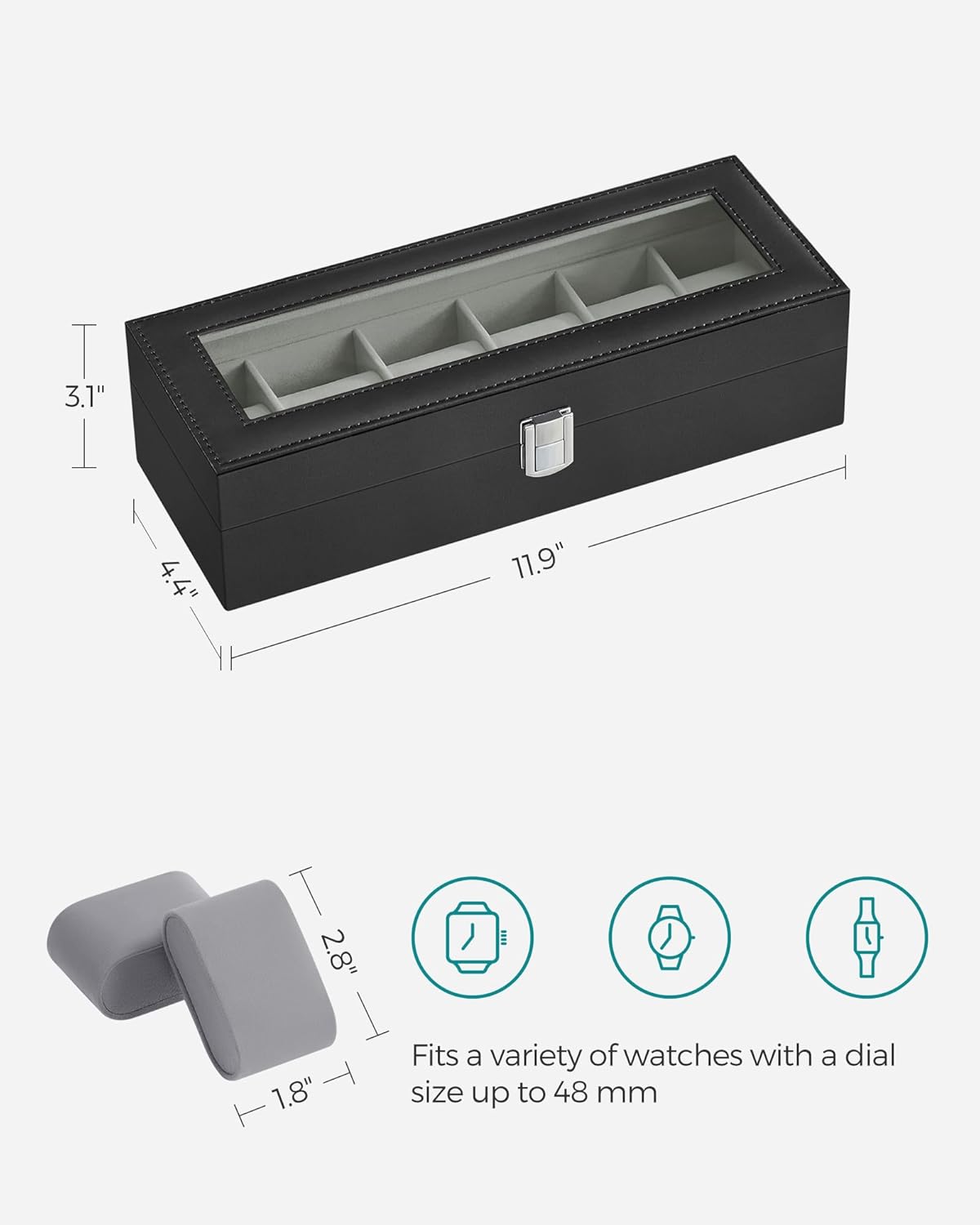 SONGMICS Watch Box, 6-Slot Watch Case, Watch Box Organizer, Black Synthetic Leather, Greenish Gray Lining UJWB06BK