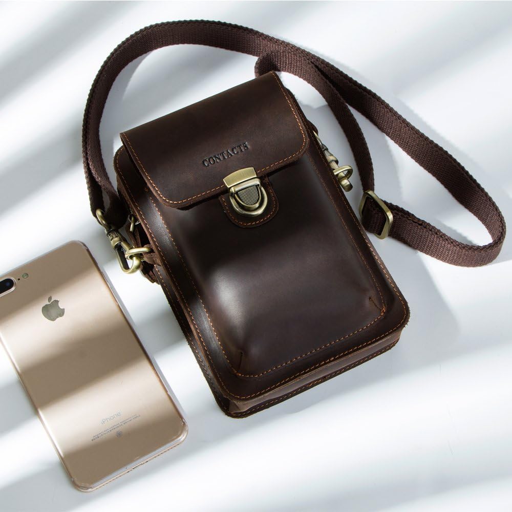 Contacts Men Waist Pack Small Shoulder Bag Pouch Purse Genuine Leather Vintage Travel Cell Phone Bag with Card Holder