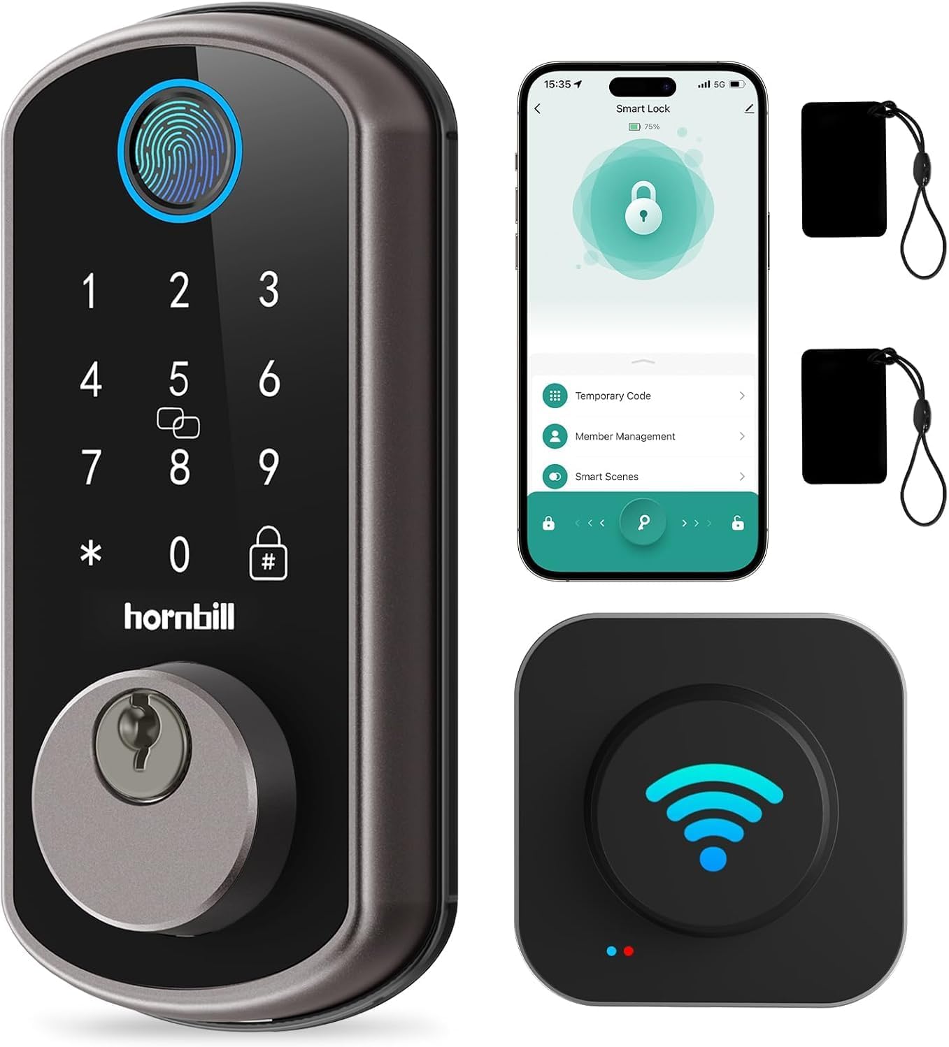 Hornbill Smart WiFi Front Door Lock: Keyless Entry Fingerprint Deadbolt - Alexa Bluetooth Electronic Keypad Door Locks for House Apartment Auto Lock Smart Life APP Remote Control - Black