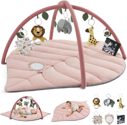 Blissful Diary Baby Play Gym & Activity Mat, Oversize Leaf Shaped Tummy Time Baby Play Mat w 6 Detachable Toys Promotes Motor Skills & Sensory Development, Newborn Infant Essentials Gift, Crystal Pink