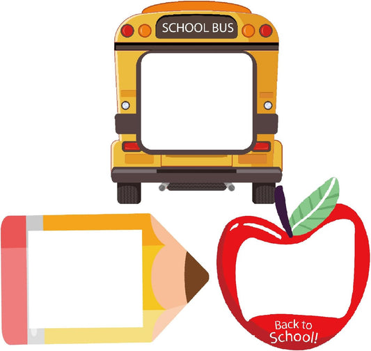 3 Pcs Back to School Photo Props Frame School Bus Photo Booth First Day of School Welcome Decorations School Pencil Shaped Backdrops for Back to School Party Classroom Supplies